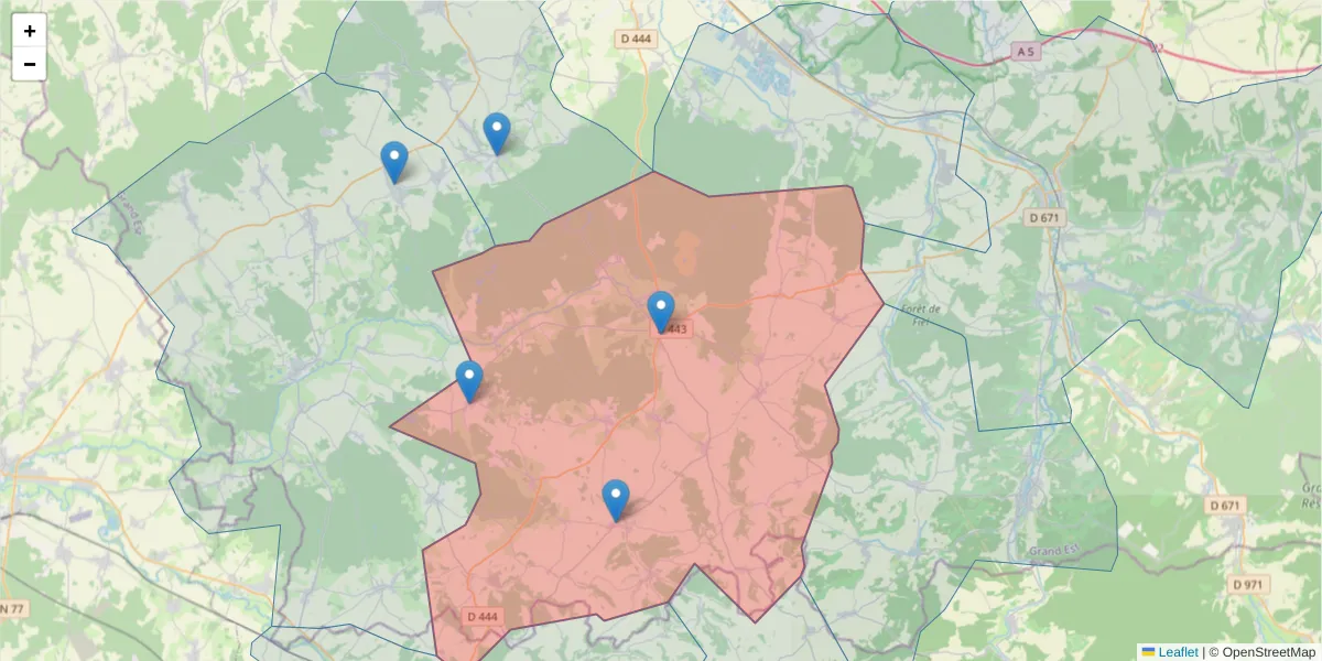Carte de la zone du code postal  et des codes postaux voisins en France