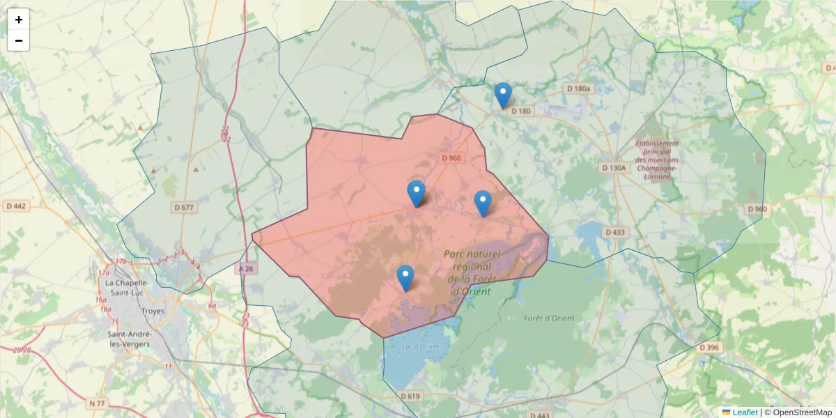 Carte de la zone du code postal  et des codes postaux voisins en France