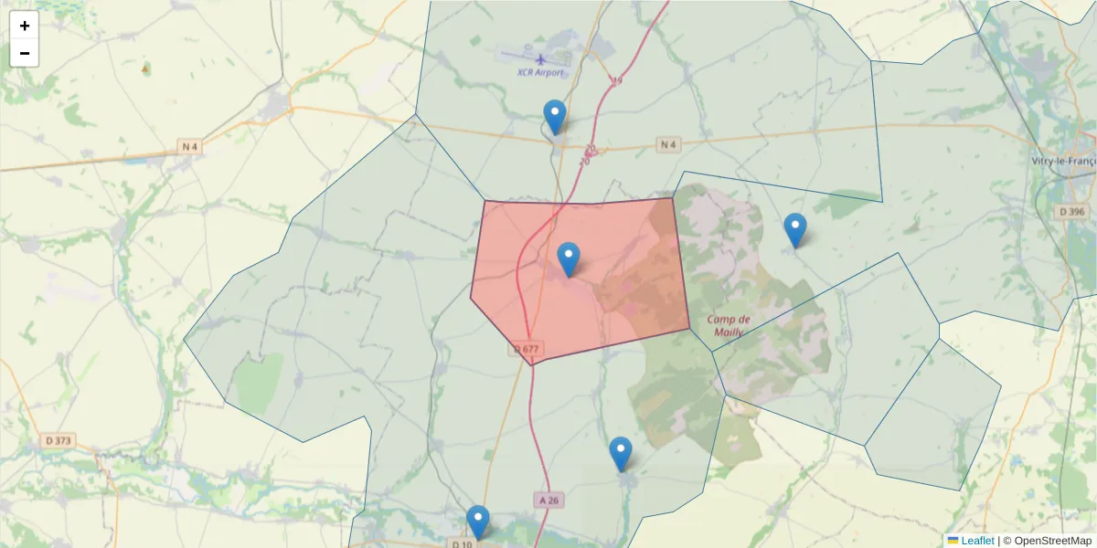 Carte de la zone du code postal  et des codes postaux voisins en France