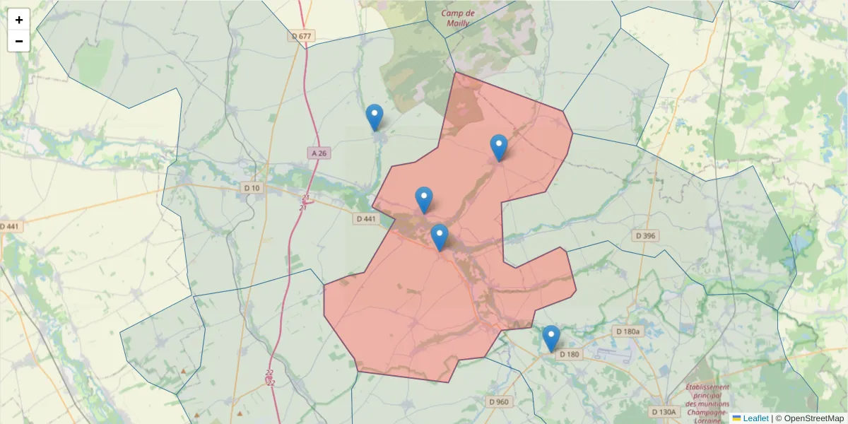 Carte de la zone du code postal  et des codes postaux voisins en France