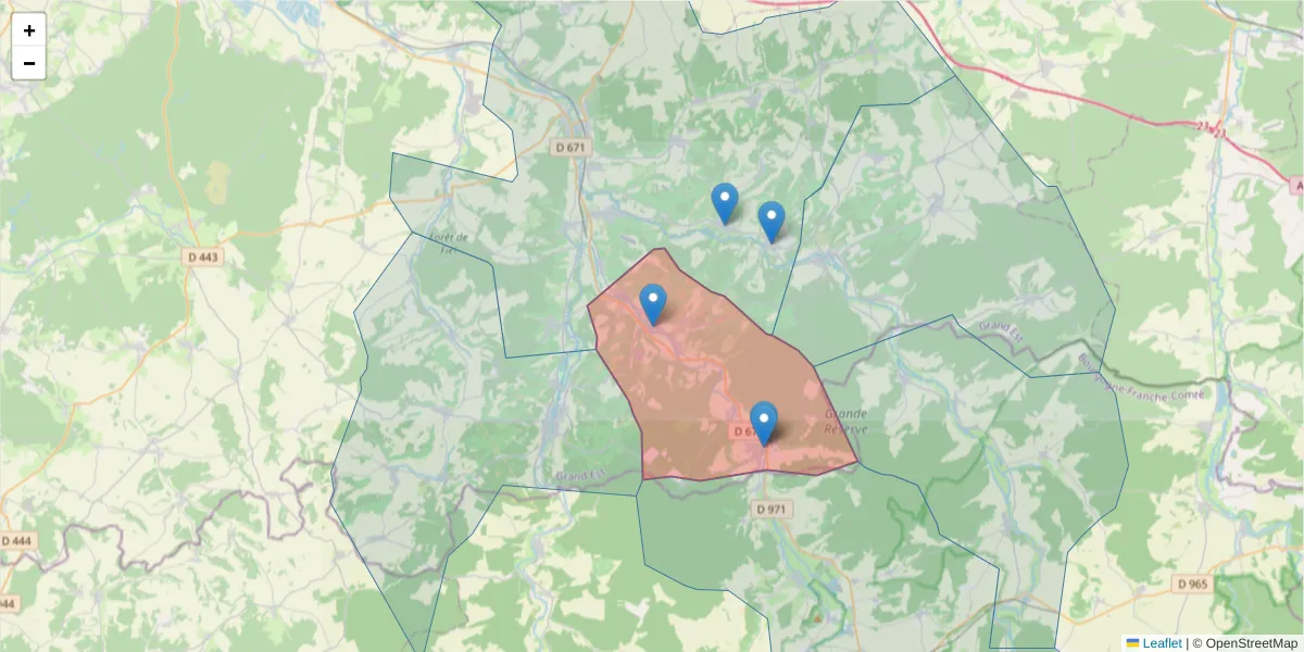 Carte de la zone du code postal  et des codes postaux voisins en France
