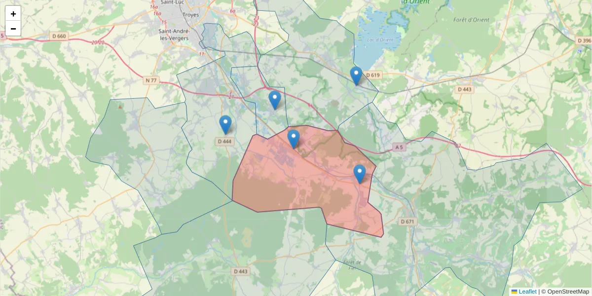 Carte de la zone du code postal  et des codes postaux voisins en France
