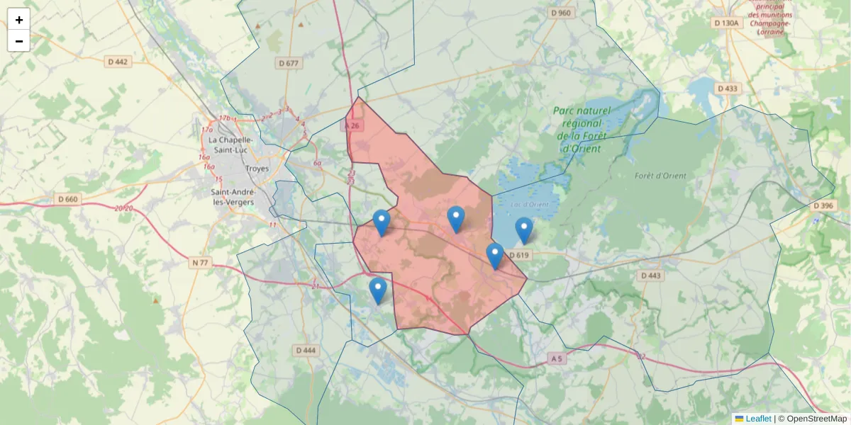 Carte de la zone du code postal  et des codes postaux voisins en France