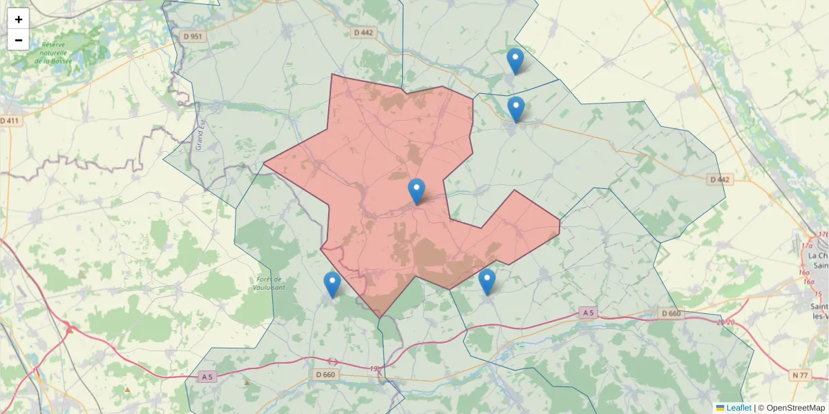 Carte de la zone du code postal  et des codes postaux voisins en France