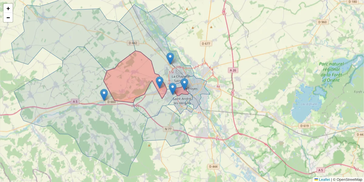 Carte de la zone du code postal  et des codes postaux voisins en France