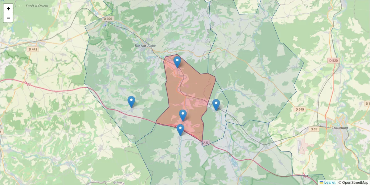 Carte de la zone du code postal  et des codes postaux voisins en France