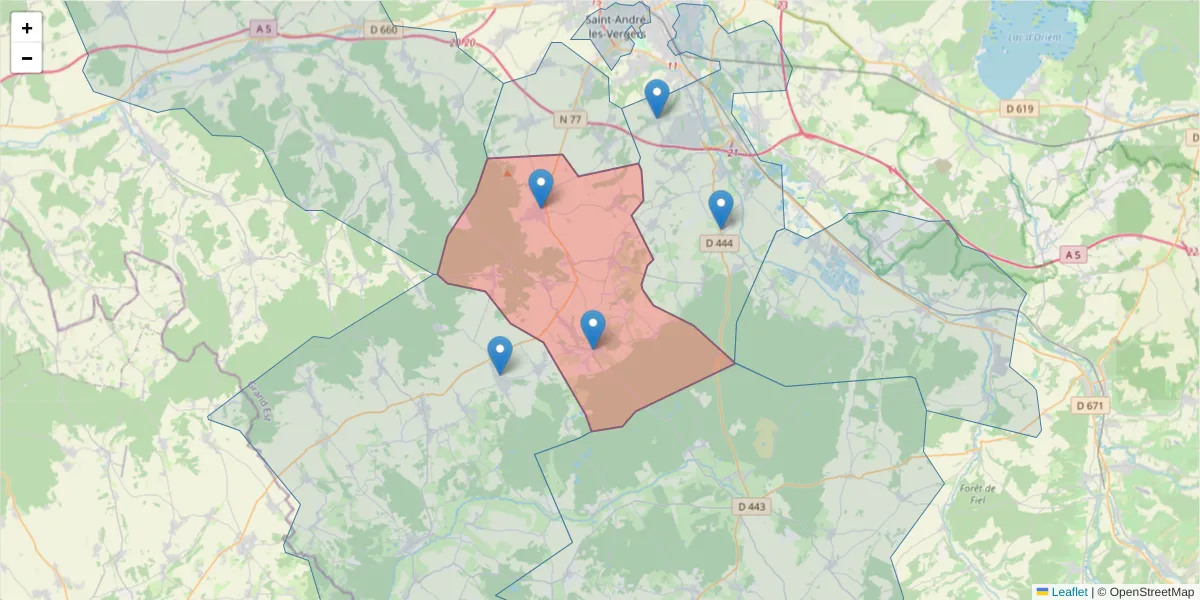 Carte de la zone du code postal  et des codes postaux voisins en France