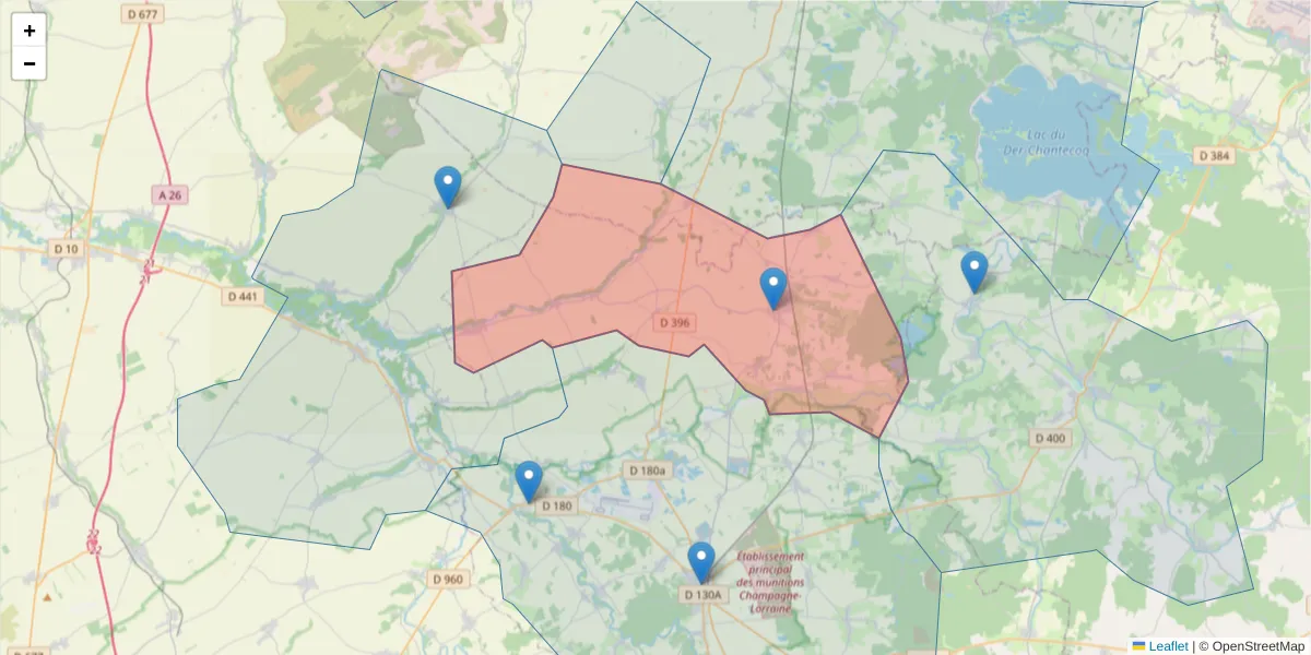 Carte de la zone du code postal  et des codes postaux voisins en France