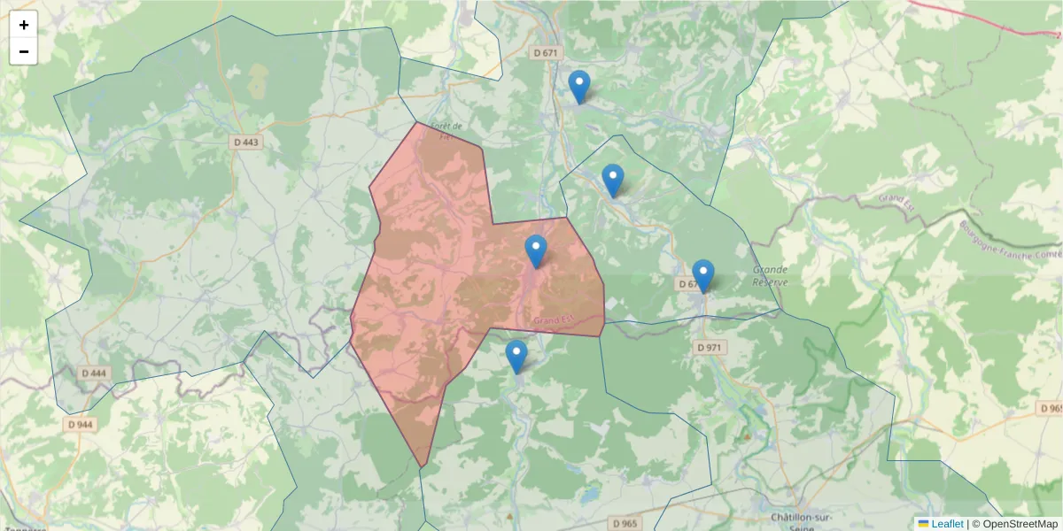 Carte de la zone du code postal  et des codes postaux voisins en France