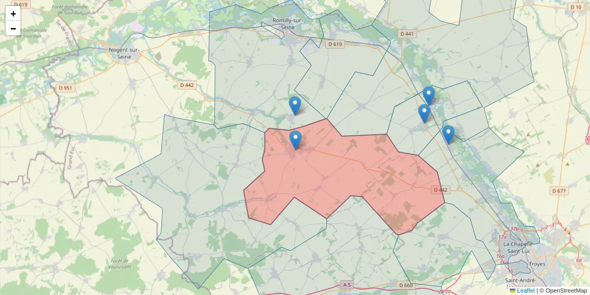 Carte de la zone du code postal  et des codes postaux voisins en France
