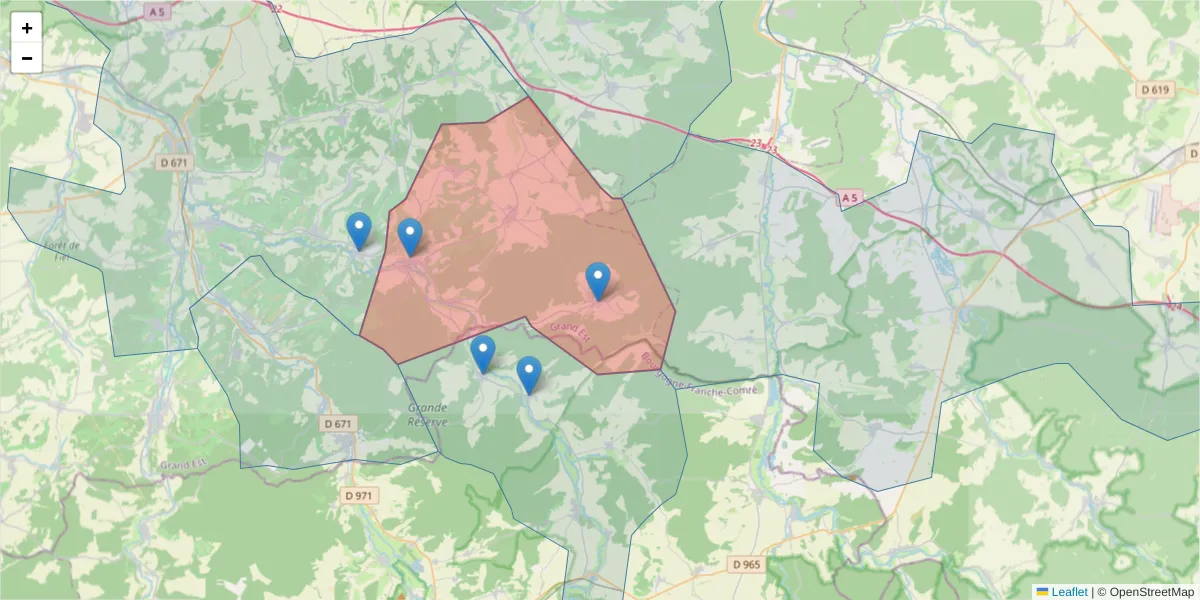 Carte de la zone du code postal  et des codes postaux voisins en France