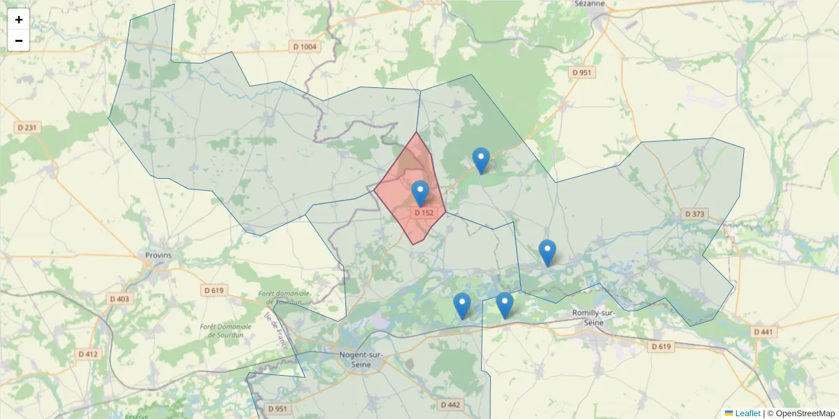 Carte de la zone du code postal  et des codes postaux voisins en France
