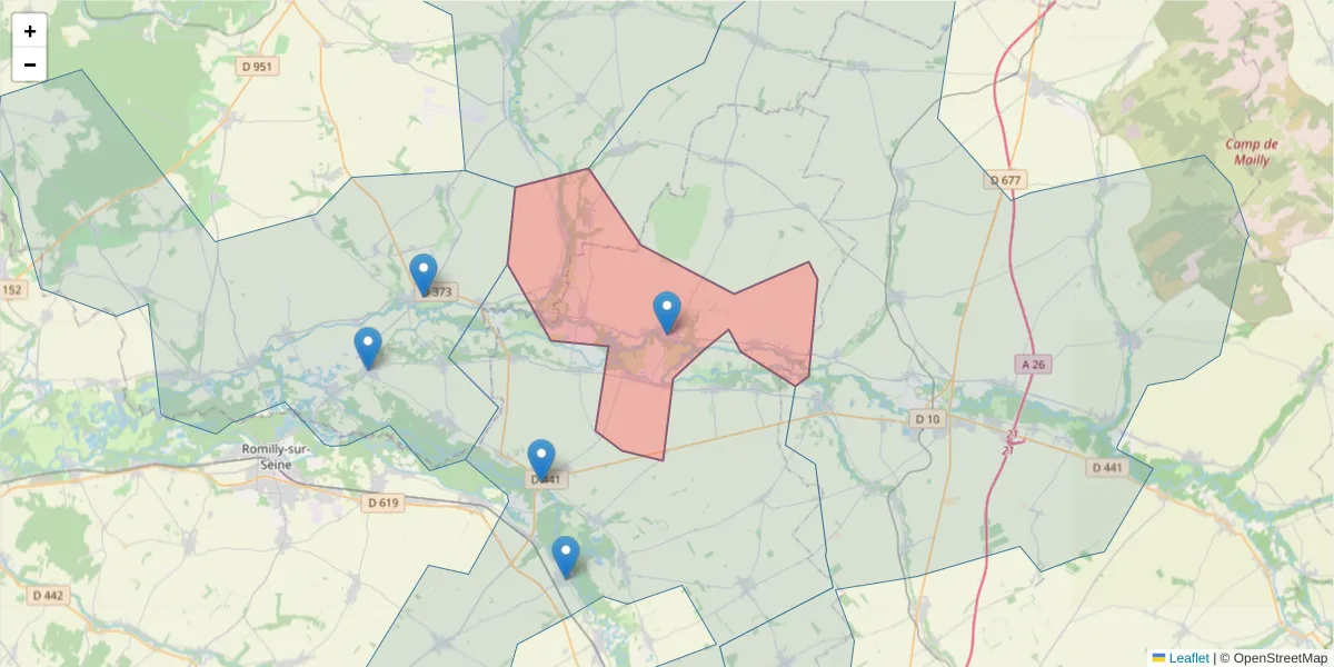 Carte de la zone du code postal  et des codes postaux voisins en France