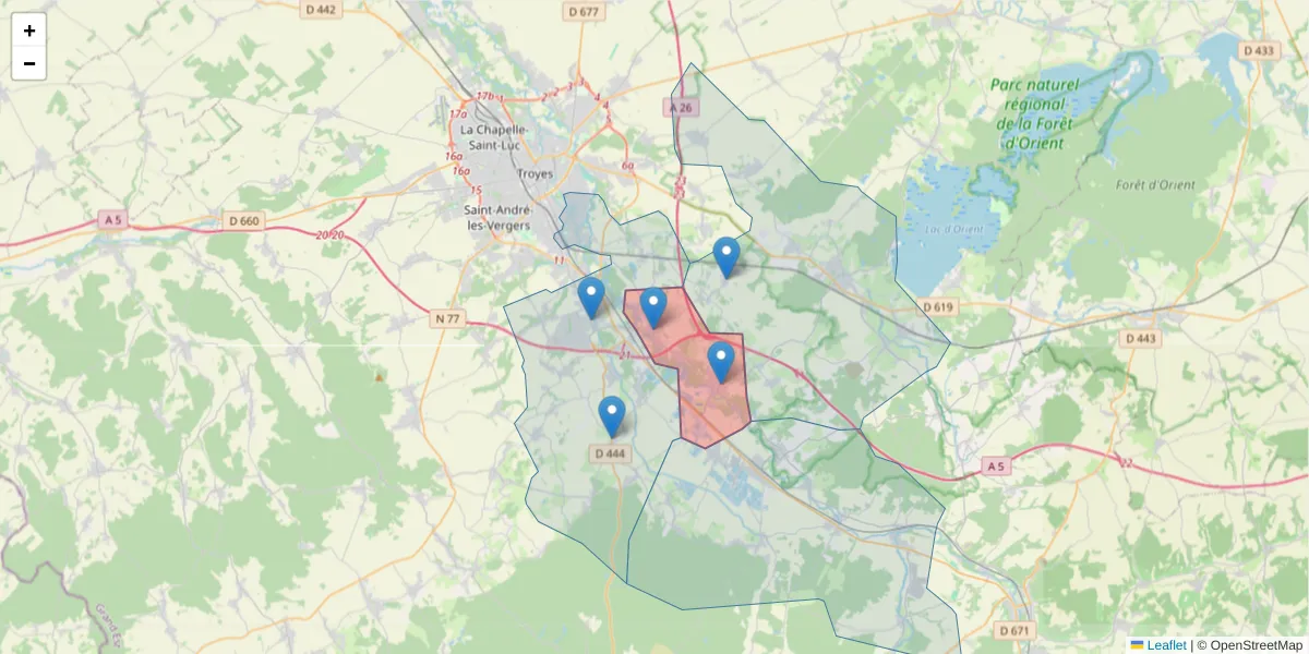 Carte de la zone du code postal  et des codes postaux voisins en France