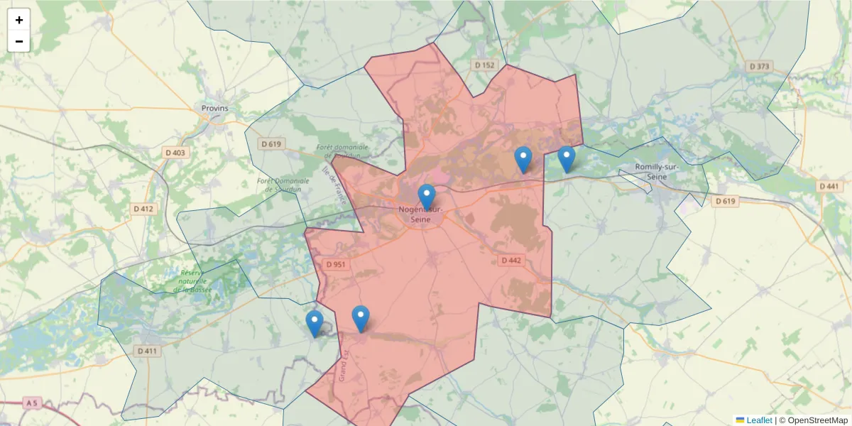 Carte de la zone du code postal  et des codes postaux voisins en France