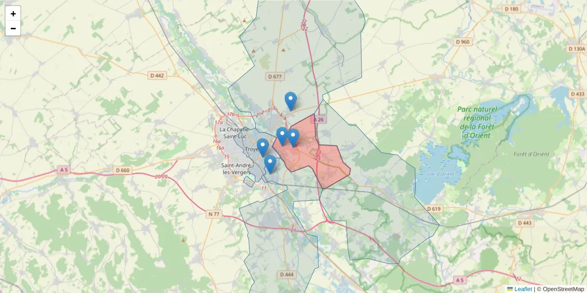 Carte de la zone du code postal  et des codes postaux voisins en France