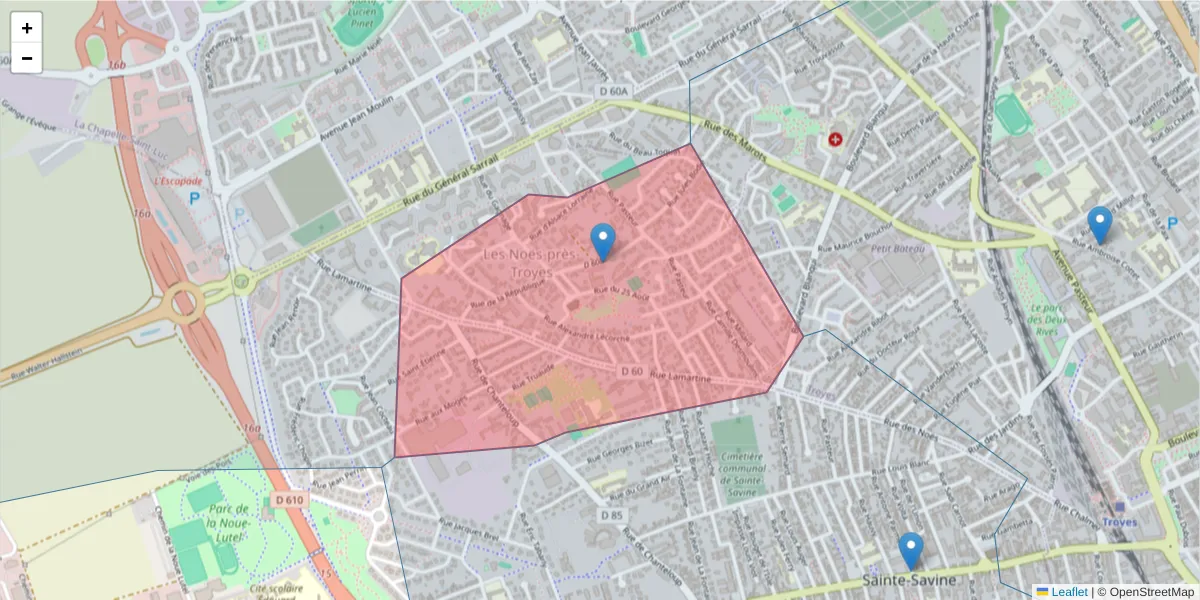 Carte de la zone du code postal  et des codes postaux voisins en France