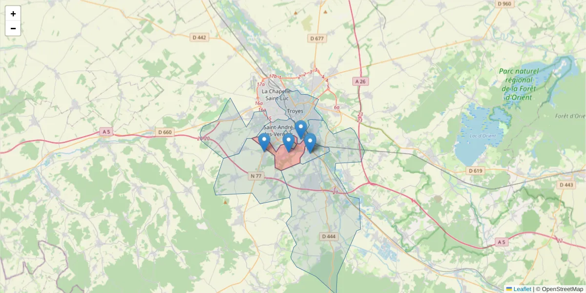 Carte de la zone du code postal  et des codes postaux voisins en France