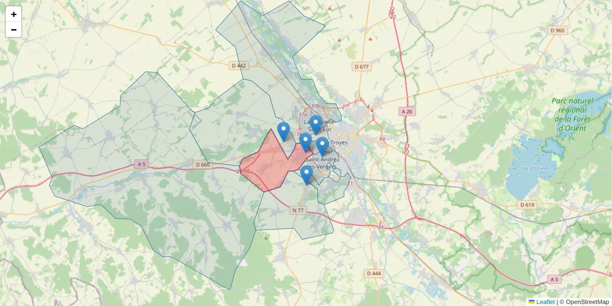 Carte de la zone du code postal  et des codes postaux voisins en France