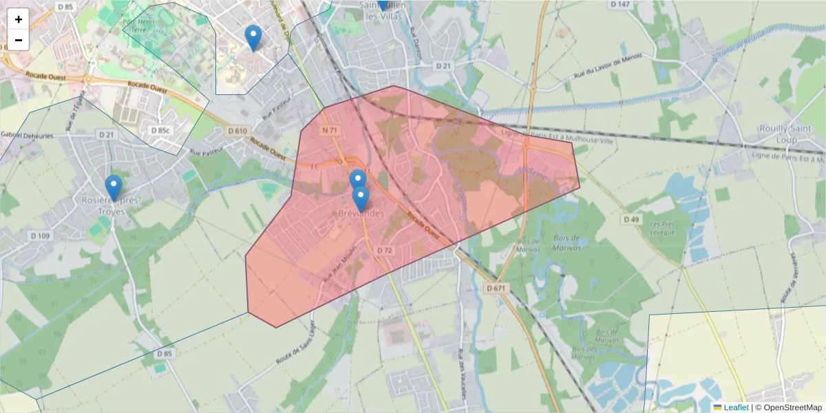 Carte de la zone du code postal  et des codes postaux voisins en France