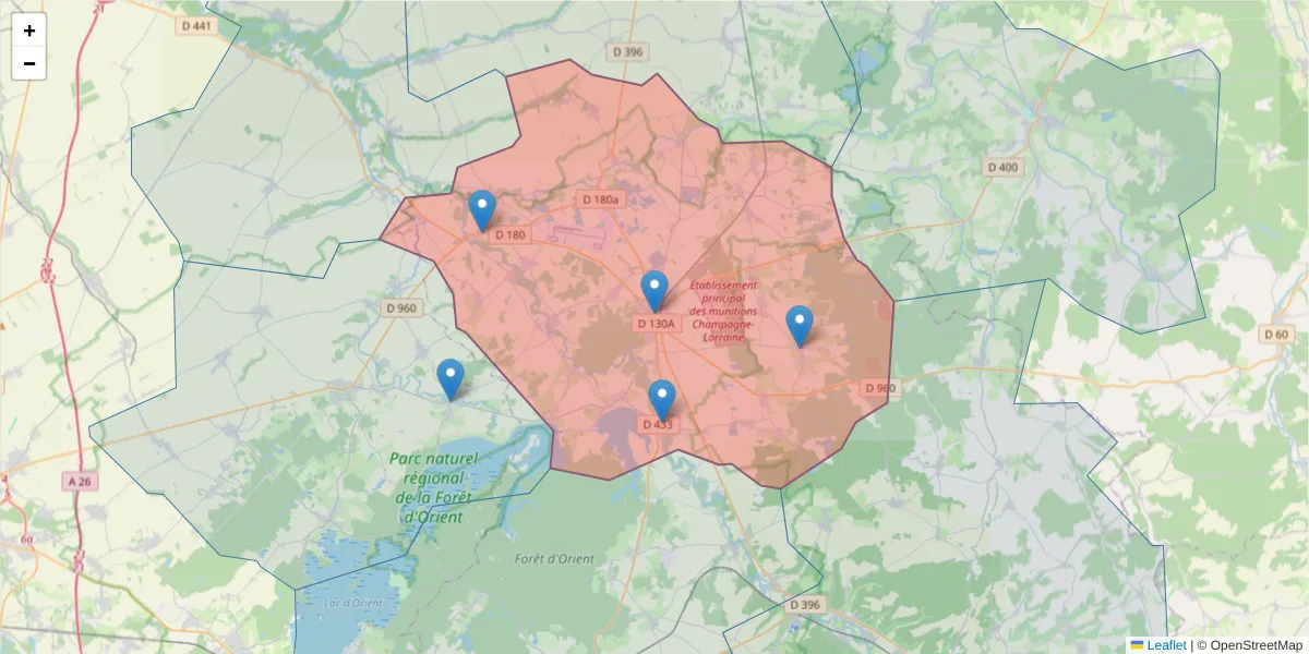Carte de la zone du code postal  et des codes postaux voisins en France