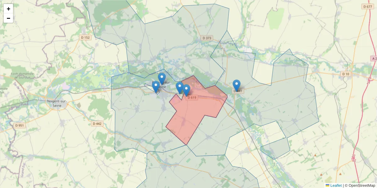 Carte de la zone du code postal  et des codes postaux voisins en France