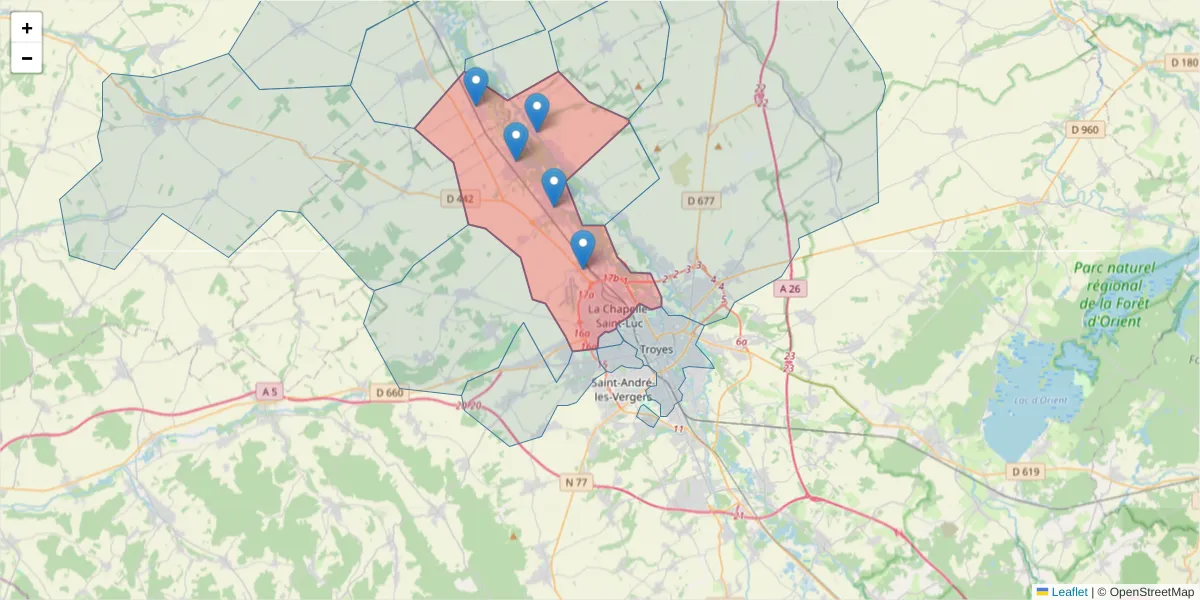 Carte de la zone du code postal  et des codes postaux voisins en France