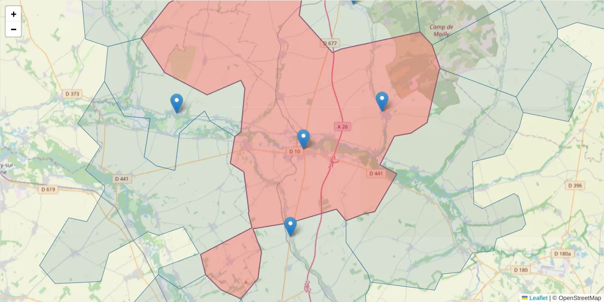 Carte de la zone du code postal  et des codes postaux voisins en France