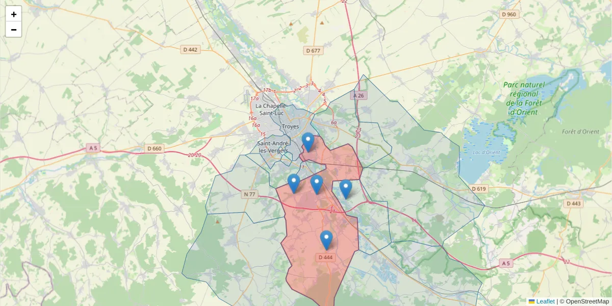 Carte de la zone du code postal  et des codes postaux voisins en France