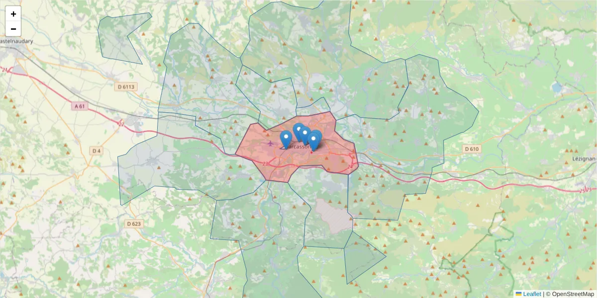Carte de la zone du code postal  et des codes postaux voisins en France