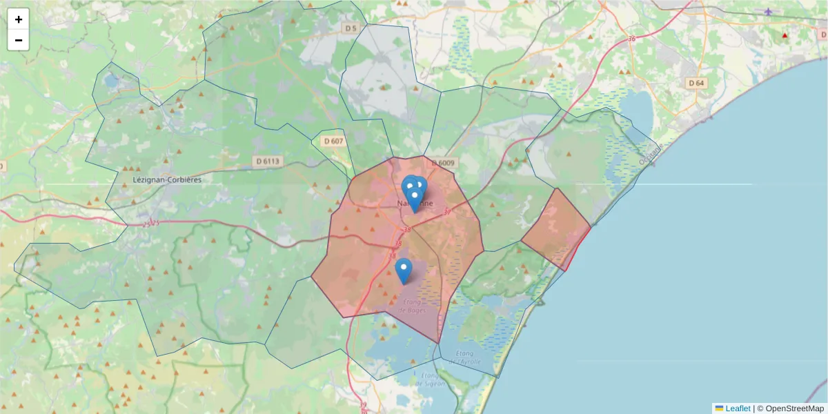Carte de la zone du code postal  et des codes postaux voisins en France