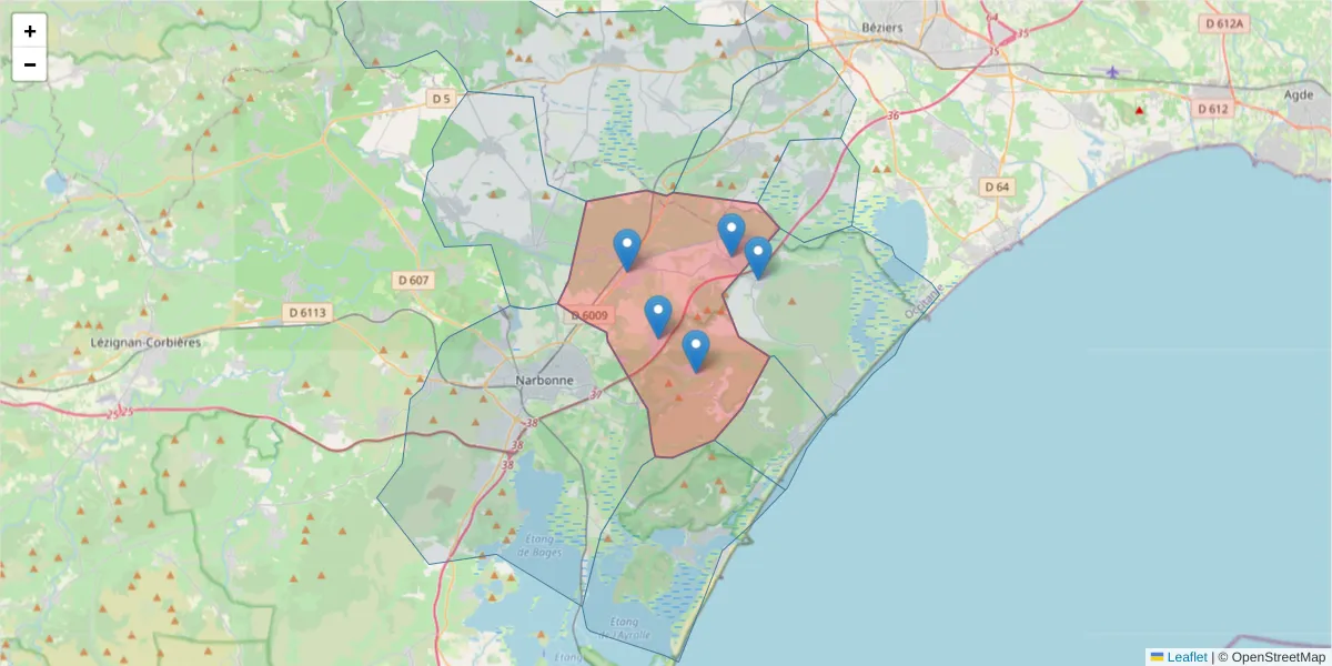 Carte de la zone du code postal  et des codes postaux voisins en France