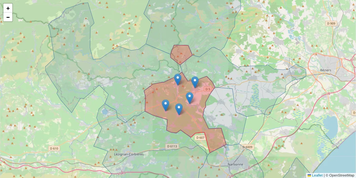 Carte de la zone du code postal  et des codes postaux voisins en France