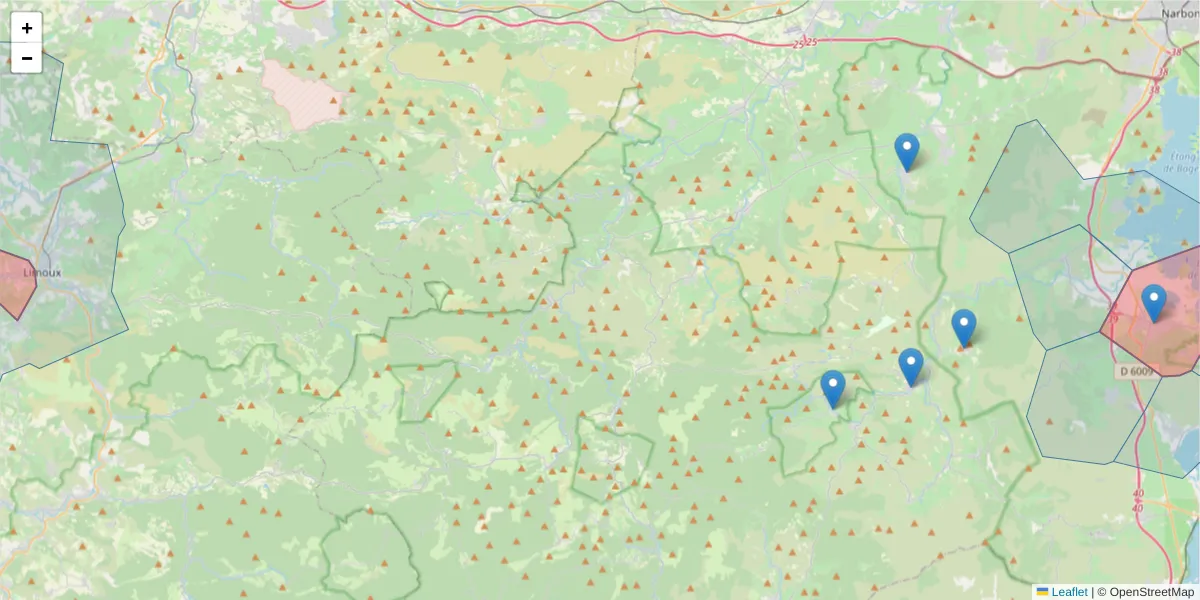 Carte de la zone du code postal  et des codes postaux voisins en France