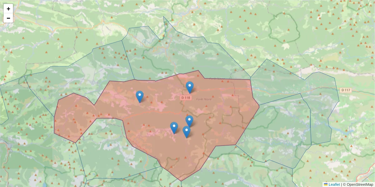Carte de la zone du code postal  et des codes postaux voisins en France