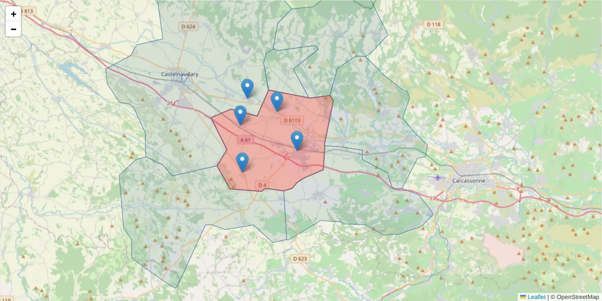 Carte de la zone du code postal  et des codes postaux voisins en France