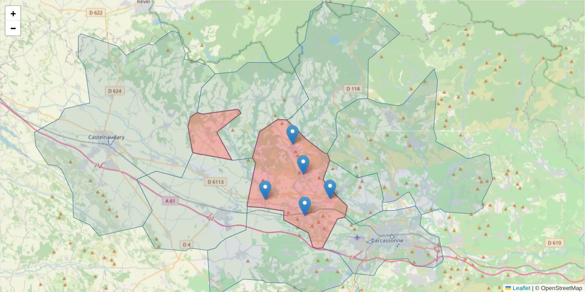 Carte de la zone du code postal  et des codes postaux voisins en France