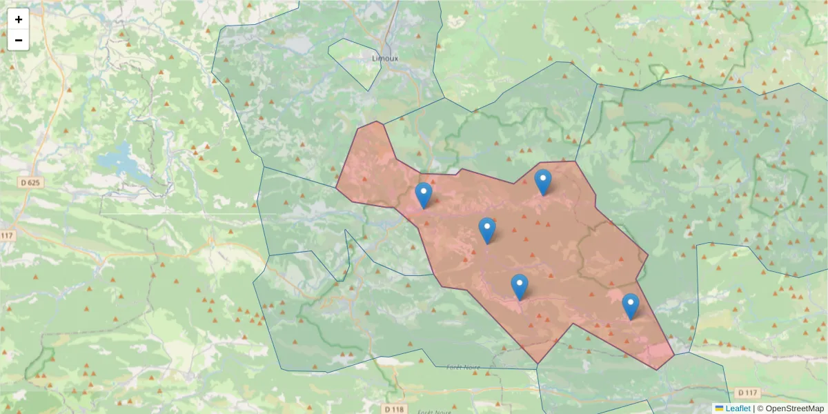 Carte de la zone du code postal  et des codes postaux voisins en France