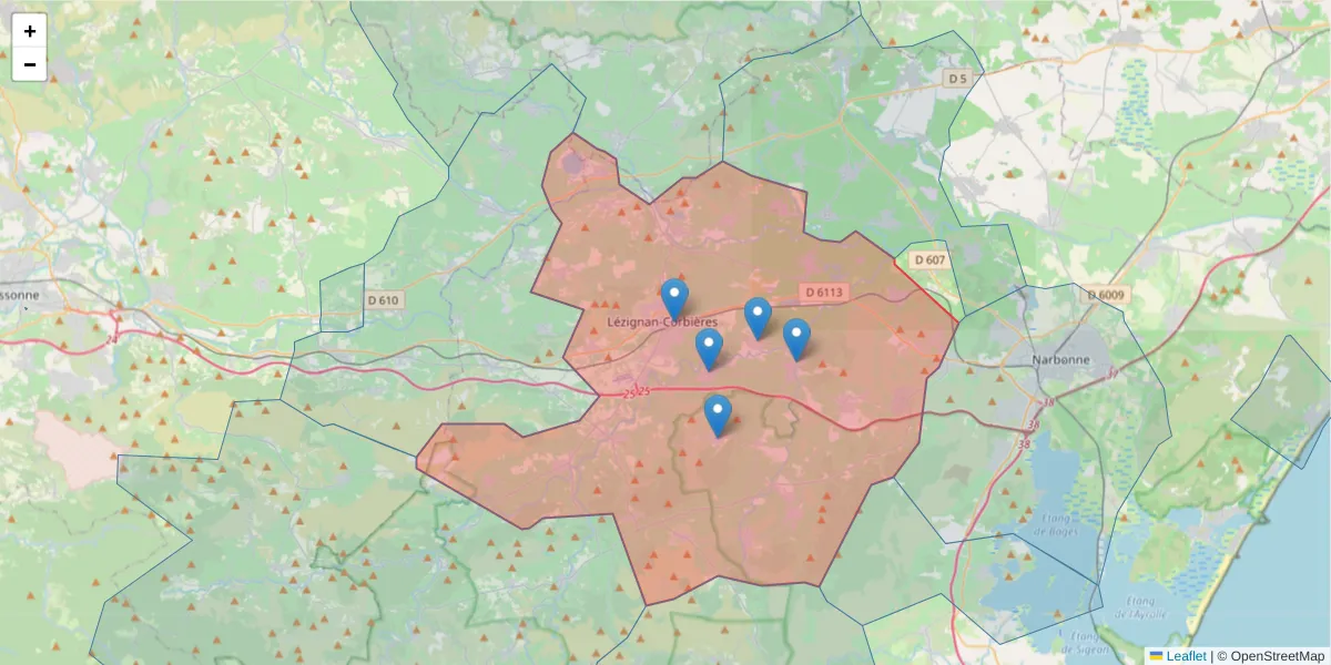 Carte de la zone du code postal  et des codes postaux voisins en France