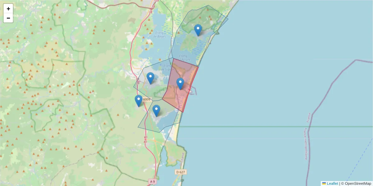 Carte de la zone du code postal  et des codes postaux voisins en France