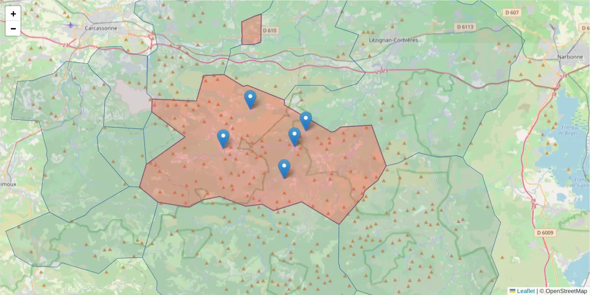 Carte de la zone du code postal  et des codes postaux voisins en France