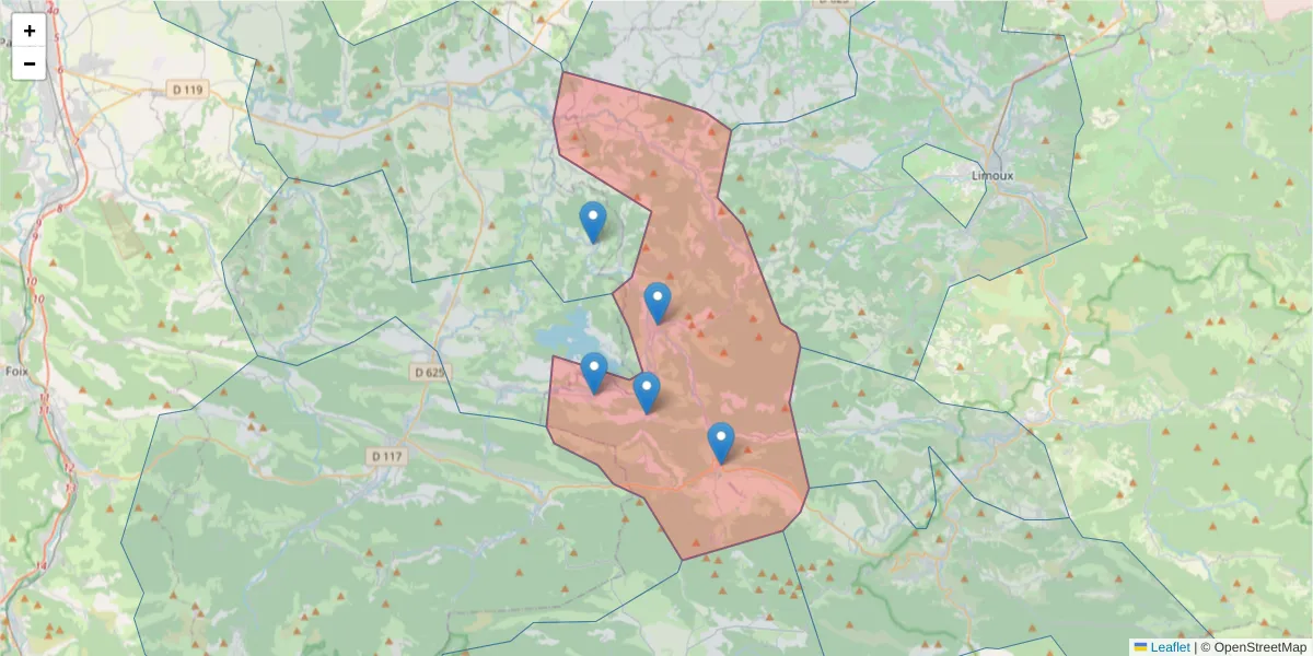 Carte de la zone du code postal  et des codes postaux voisins en France