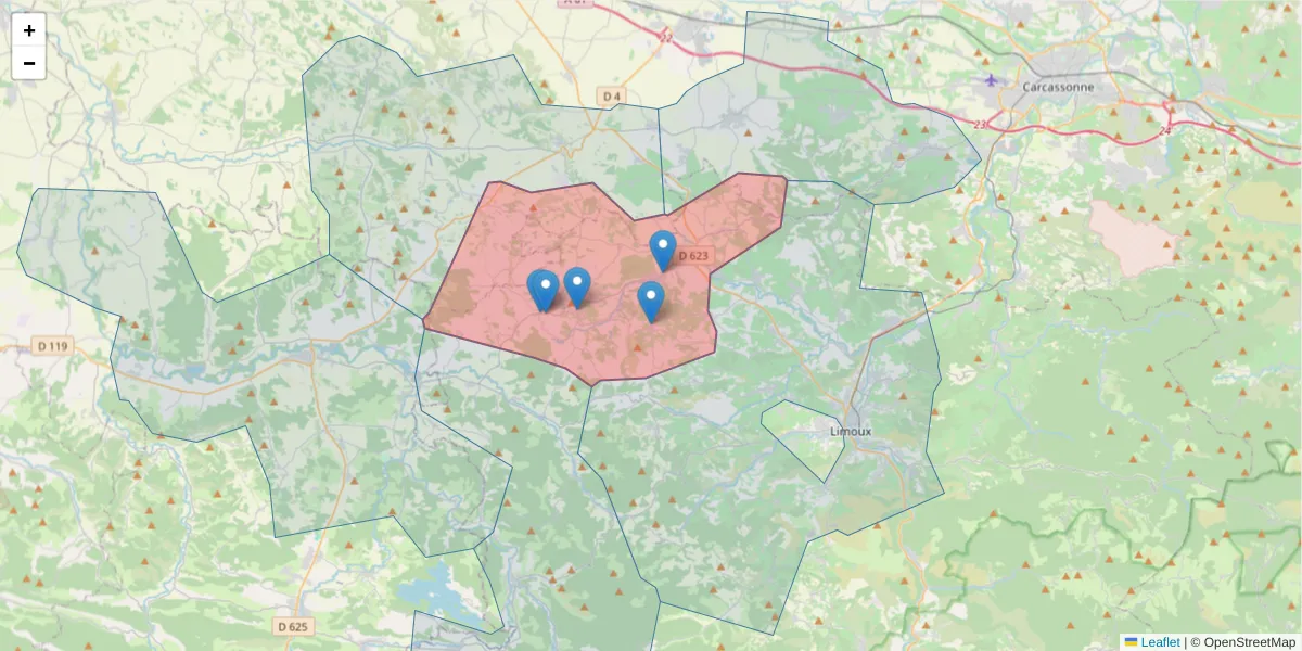 Carte de la zone du code postal  et des codes postaux voisins en France