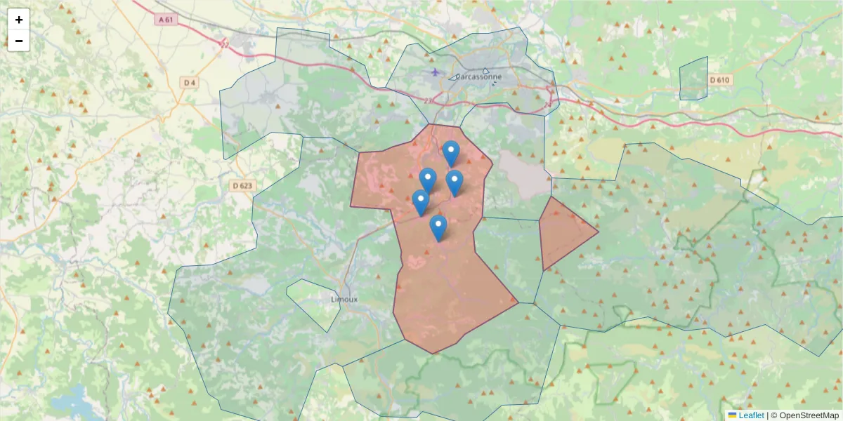 Carte de la zone du code postal  et des codes postaux voisins en France