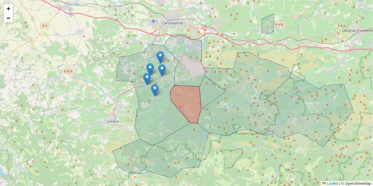 Carte de la zone du code postal  et des codes postaux voisins en France