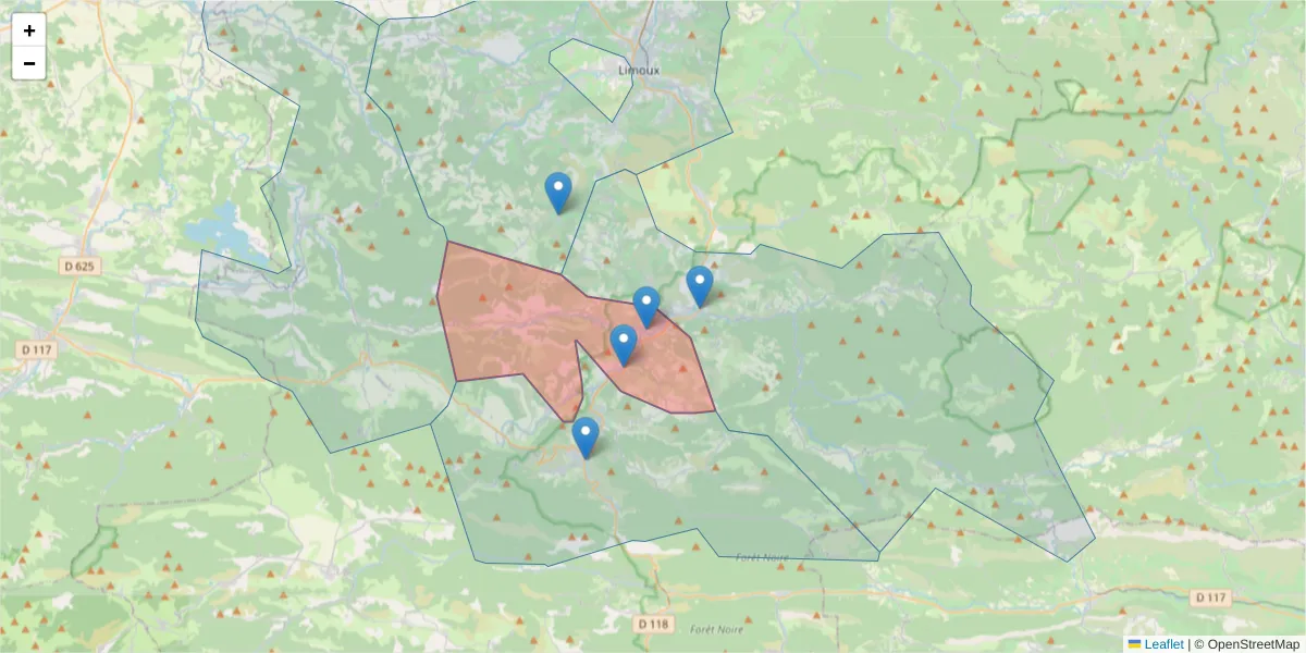 Carte de la zone du code postal  et des codes postaux voisins en France