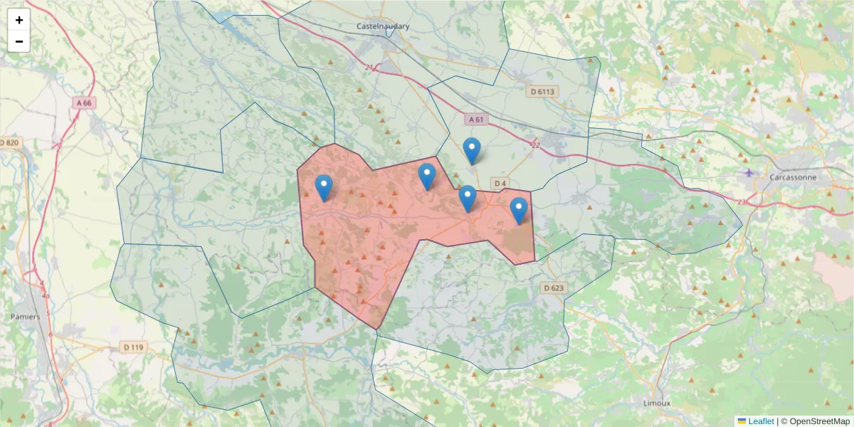 Carte de la zone du code postal  et des codes postaux voisins en France