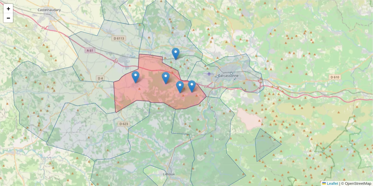Carte de la zone du code postal  et des codes postaux voisins en France