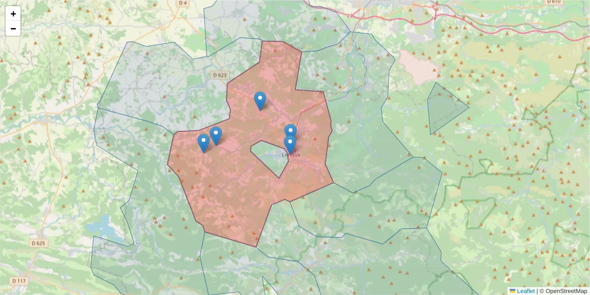 Carte de la zone du code postal  et des codes postaux voisins en France