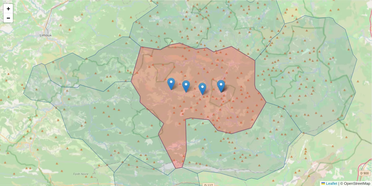 Carte de la zone du code postal  et des codes postaux voisins en France